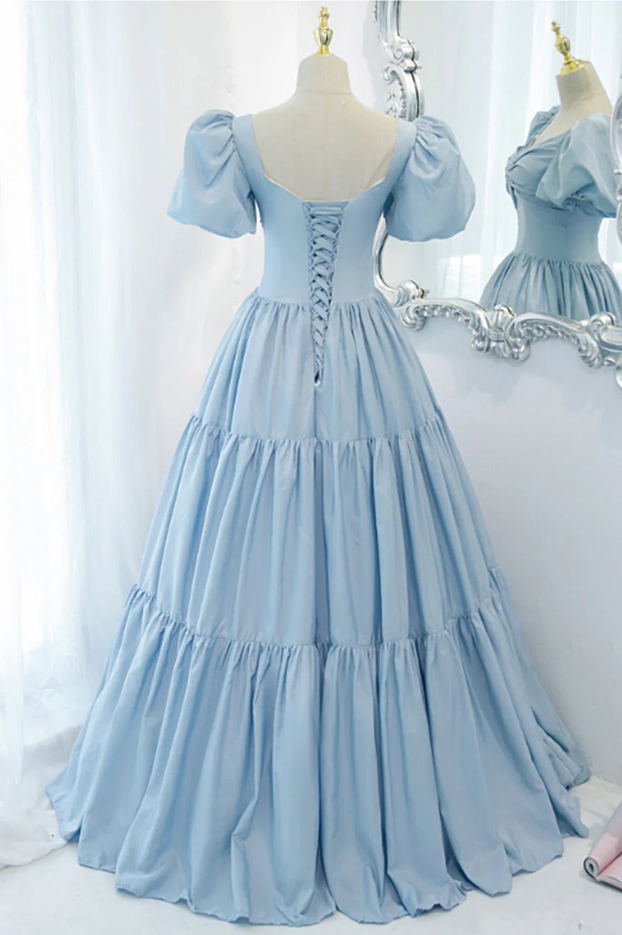 Budget A-Line Short Sleeves Tiered Pleated Satin Blue Long Prom Dress