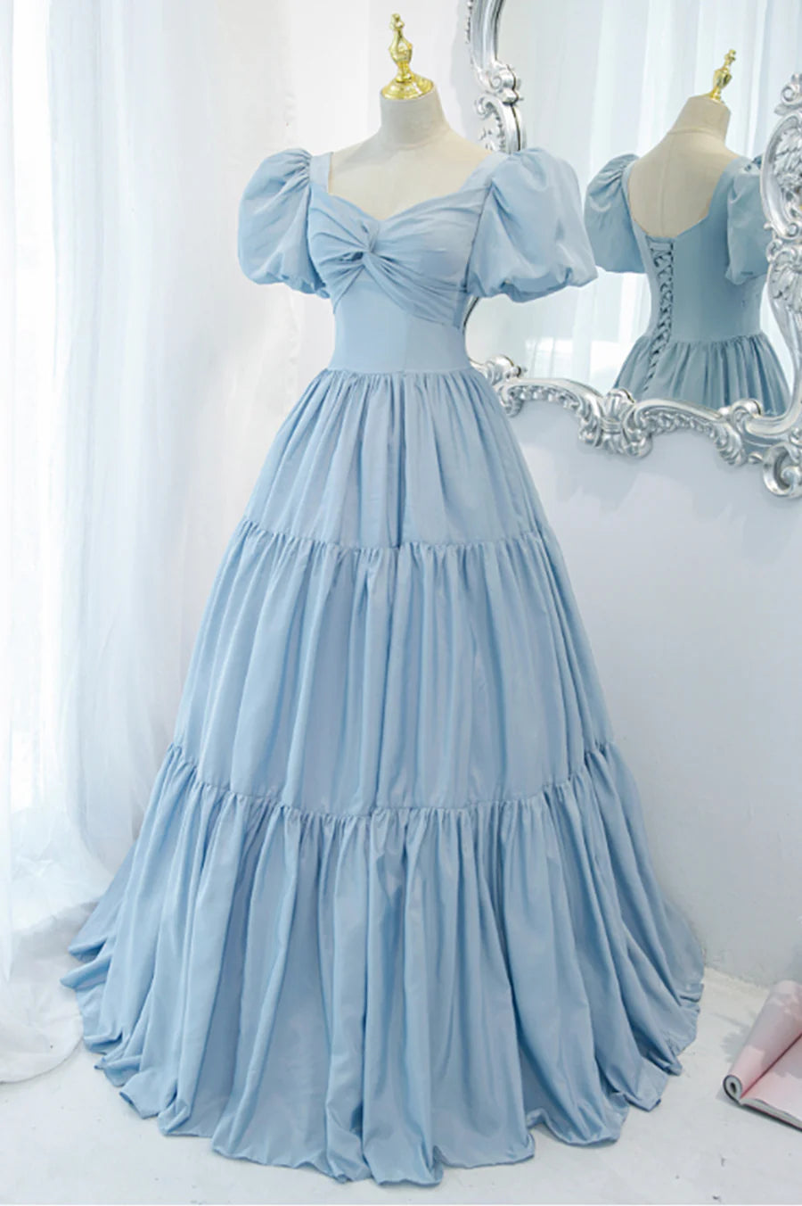 Budget A-Line Short Sleeves Tiered Pleated Satin Blue Long Prom Dress