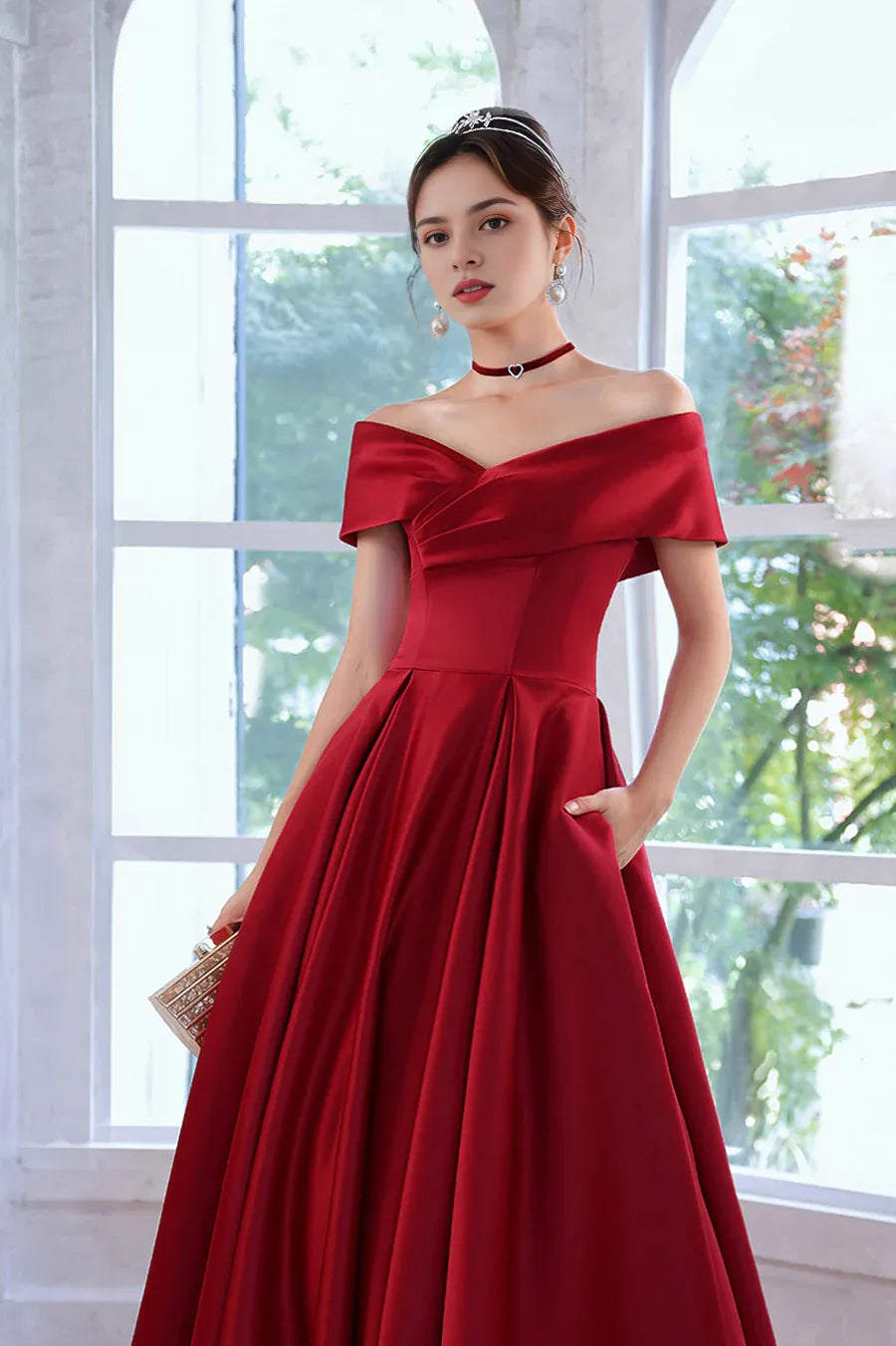 Budget A-Line V Neck Off Shoulder Satin Red Floor Length Prom Dress With Pockets