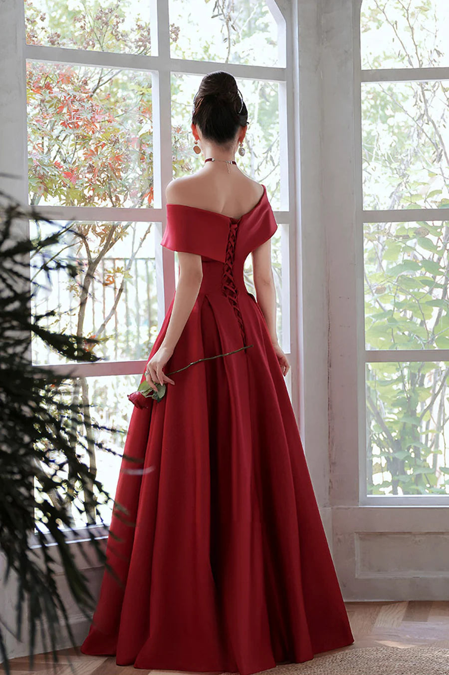 Budget A-Line V Neck Off Shoulder Satin Red Floor Length Prom Dress With Pockets