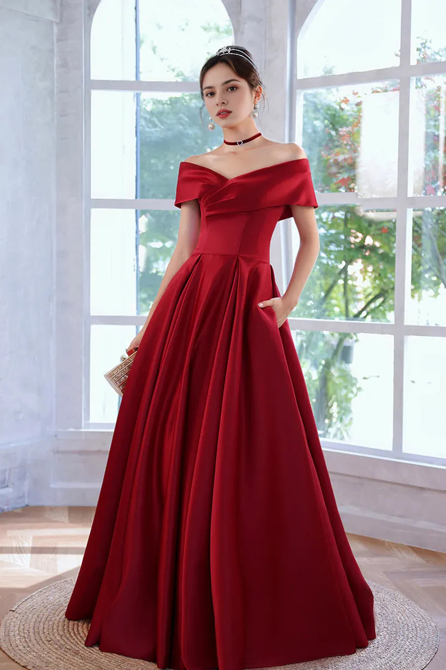 Budget A-Line V Neck Off Shoulder Satin Red Floor Length Prom Dress With Pockets