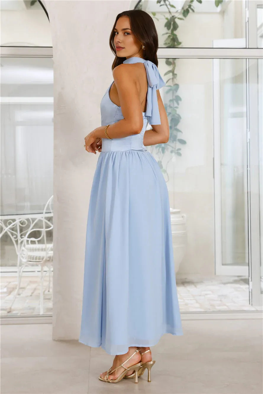 Budget A-line Halter Sleeveless Tie Satin Blue Maxi Prom Dress For Women Buy
