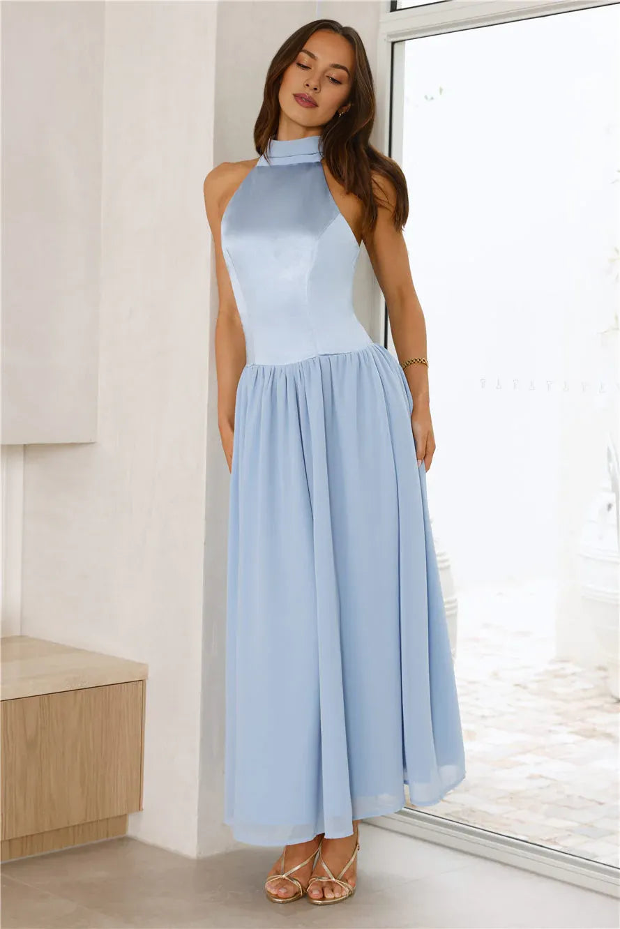 Budget A-line Halter Sleeveless Tie Satin Blue Maxi Prom Dress For Women Buy