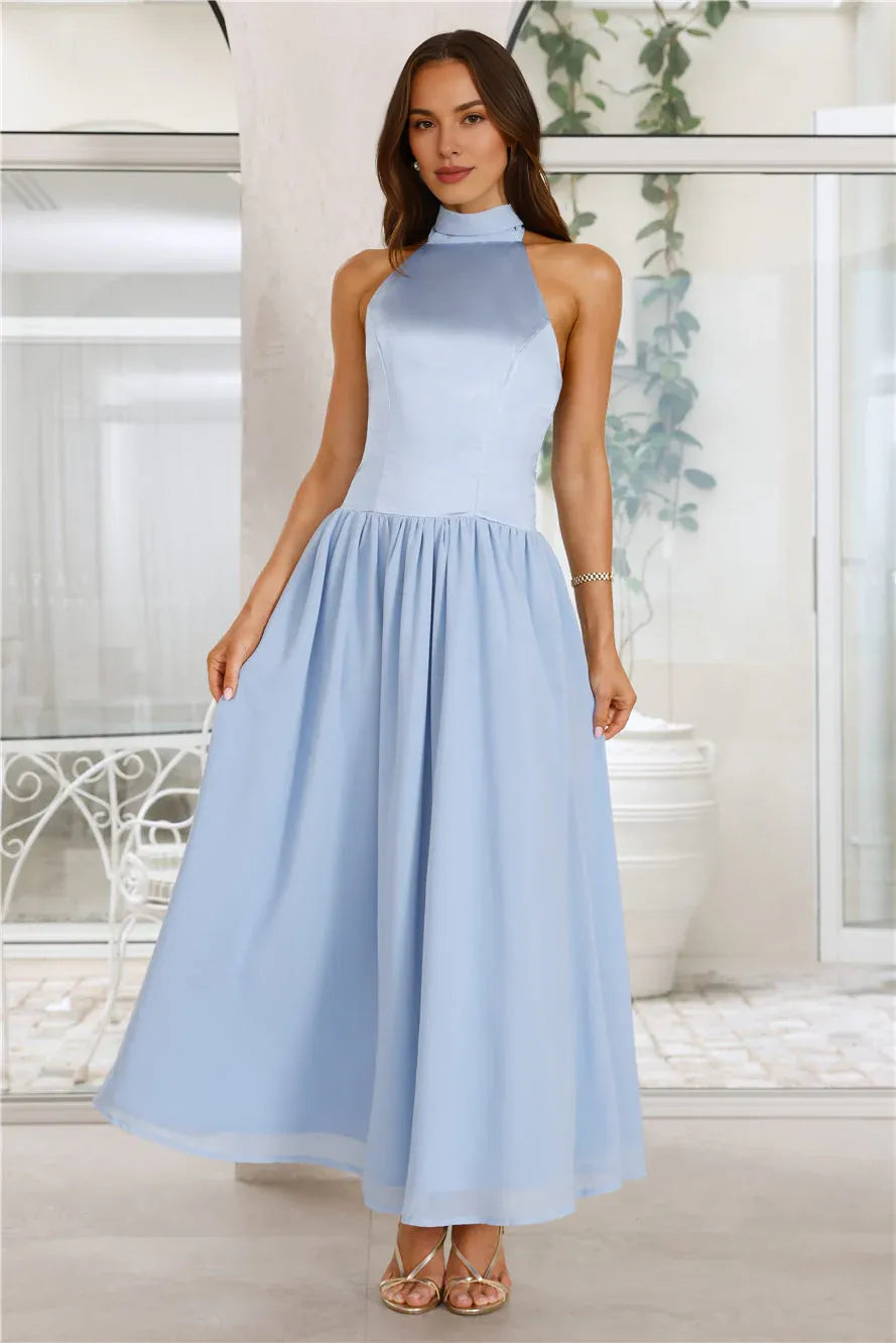 Budget A-line Halter Sleeveless Tie Satin Blue Maxi Prom Dress For Women Buy