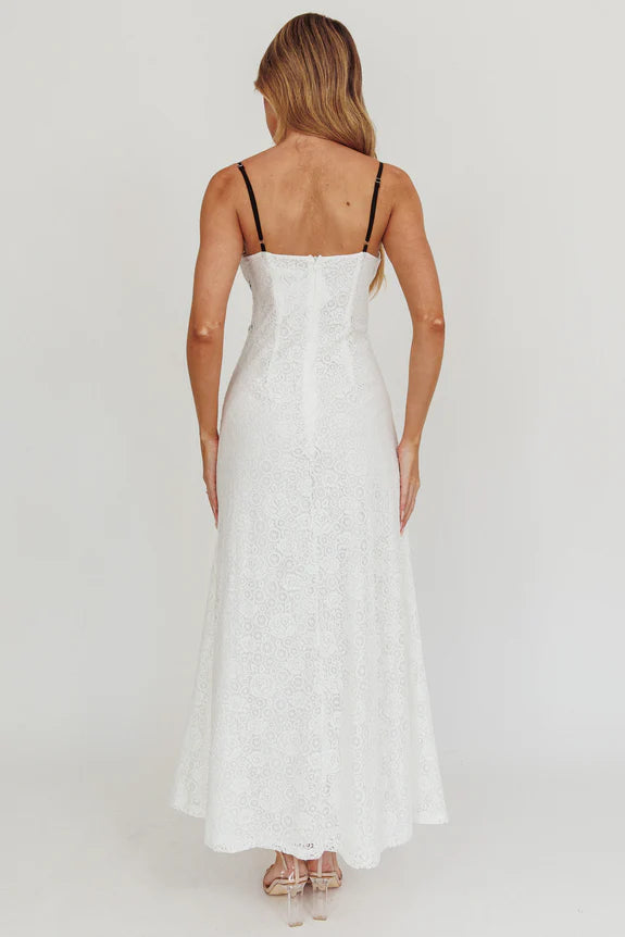 Budget A-line Spaghetti Straps Contrast Lace White Maxi Evening Dress For Women