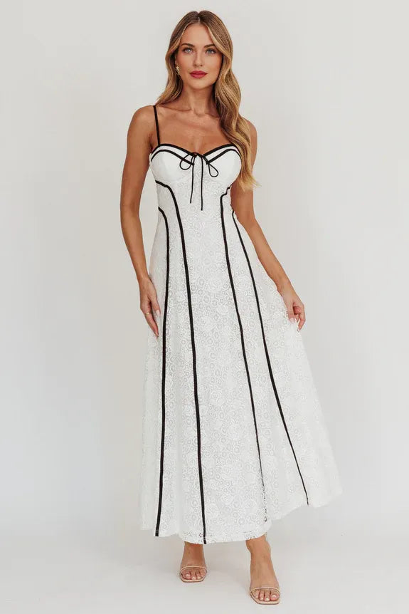 Budget A-line Spaghetti Straps Contrast Lace White Maxi Evening Dress For Women