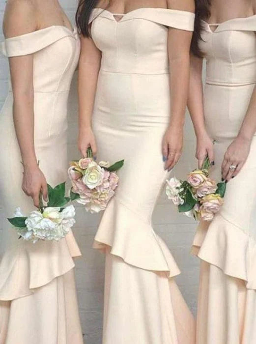 Budget Fascinating Beige Mermaid Off-the-Shoulder Ruffles Floor Length Bridesmaid Dress