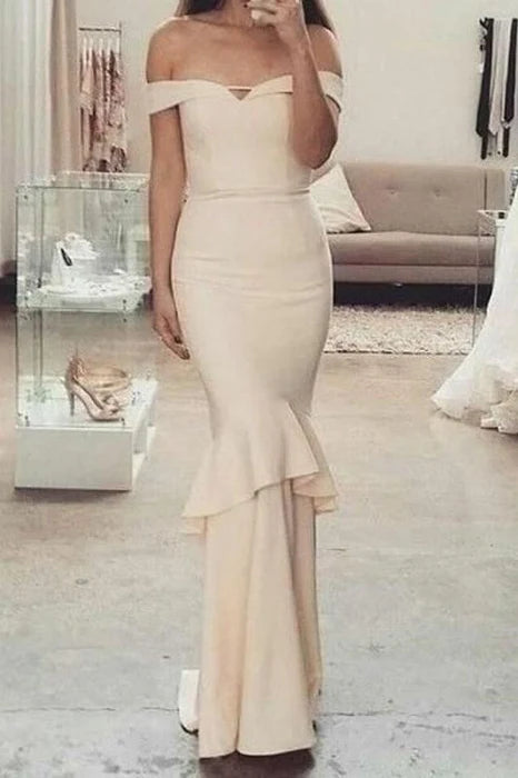 Budget Fascinating Beige Mermaid Off-the-Shoulder Ruffles Floor Length Bridesmaid Dress