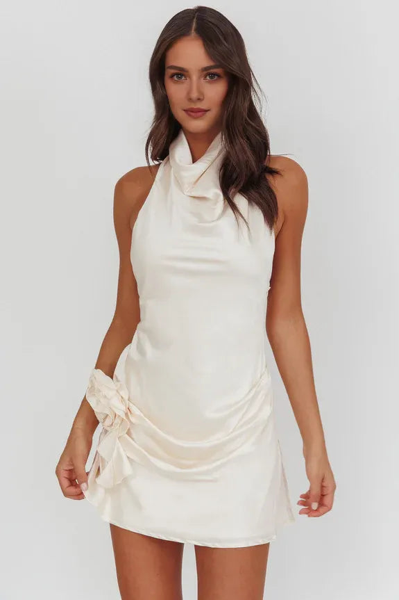 Budget High Cowl Halter Neck Sleeveless Open Back Pearl Mini Homecoming Dress