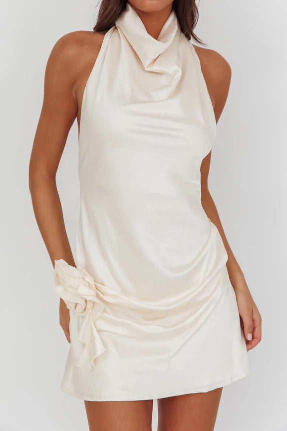 Budget High Cowl Halter Neck Sleeveless Open Back Pearl Mini Homecoming Dress