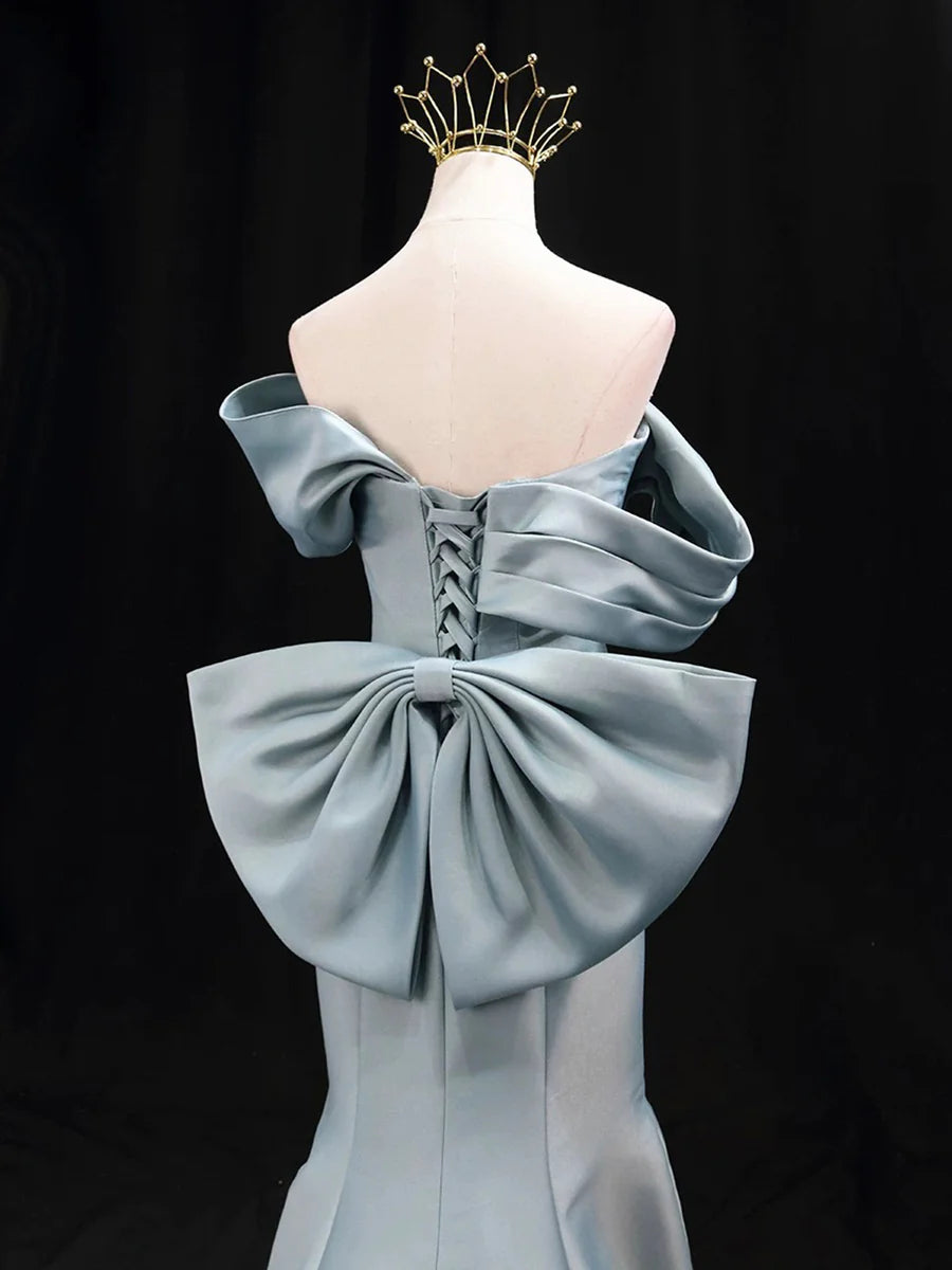 Budget Mermaid Blue Satin Pleated Long Prom Dress Off the Shoulder Floor length Party Dress With Bow