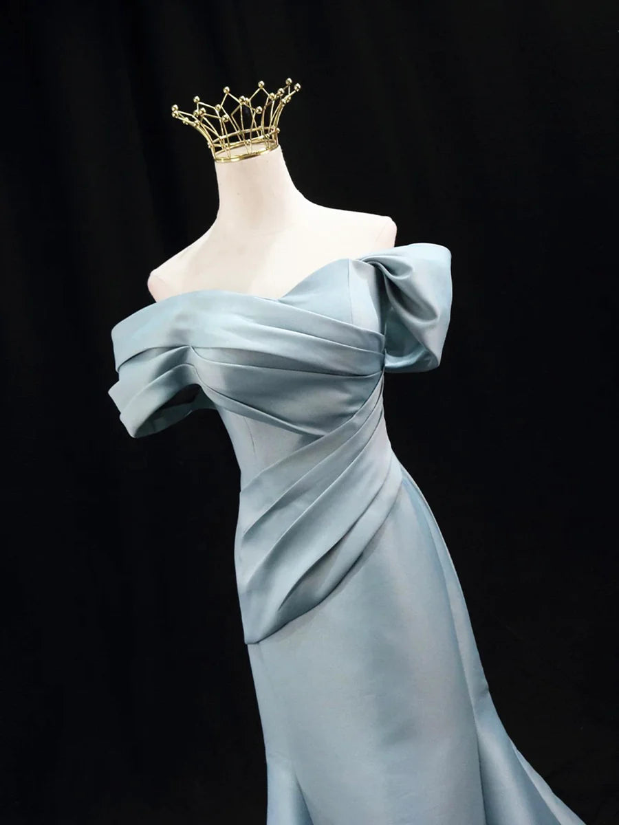 Budget Mermaid Blue Satin Pleated Long Prom Dress Off the Shoulder Floor length Party Dress With Bow