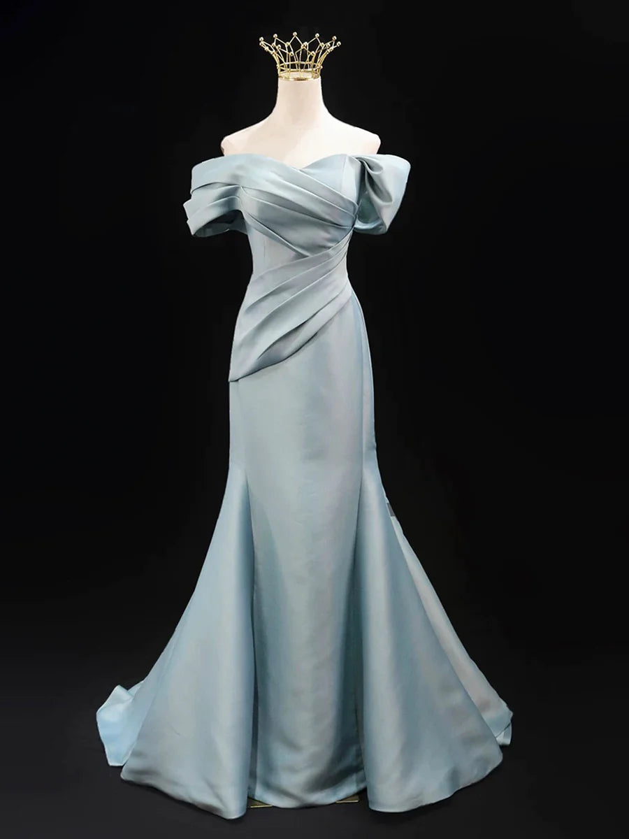 Budget Mermaid Blue Satin Pleated Long Prom Dress Off the Shoulder Floor length Party Dress With Bow