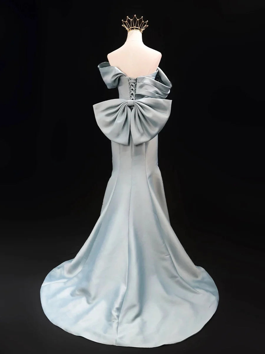 Budget Mermaid Blue Satin Pleated Long Prom Dress Off the Shoulder Floor length Party Dress With Bow