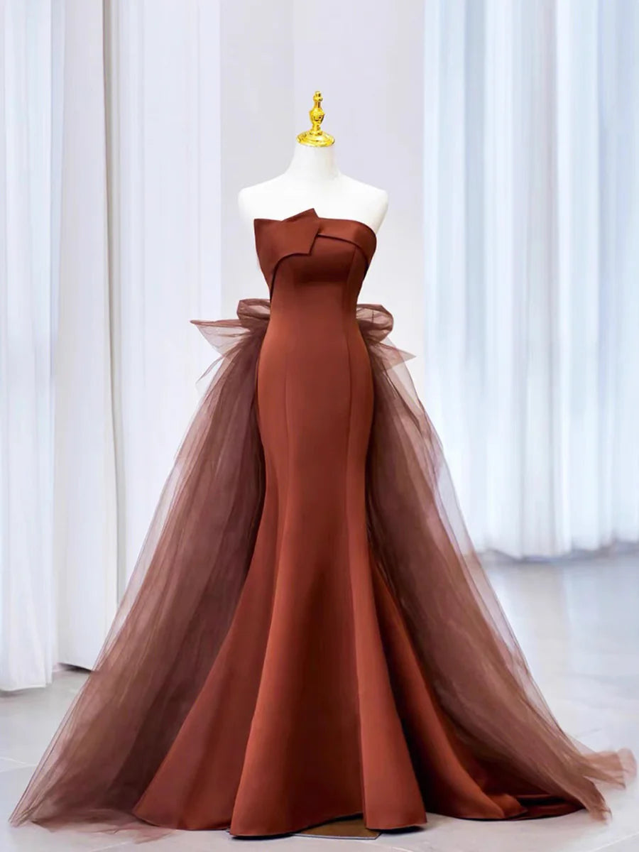 Budget Mermaid Brown Satin Tulle Strapless Long Prom Dress Floor length Evening Party Dress With Cape