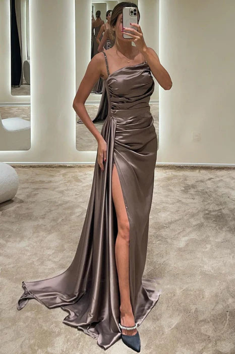 Budget Mermaid Brown Spaghetti Strap Slimming Pleated Slit Prom Dress With Streamer