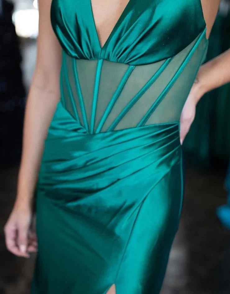 Budget Mermaid Halter Sheer Bodice Pleated Satin Magenta Prom Dress With Slit