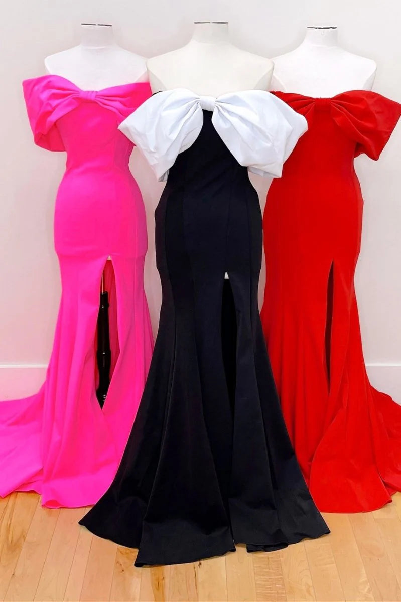 Budget Mermaid Off-the-Shoulder Bow Slit Red Long Prom Dress With Sweep Train