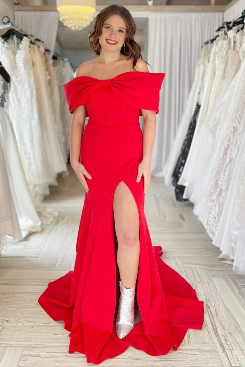 Budget Mermaid Off-the-Shoulder Bow Slit Red Long Prom Dress With Sweep Train