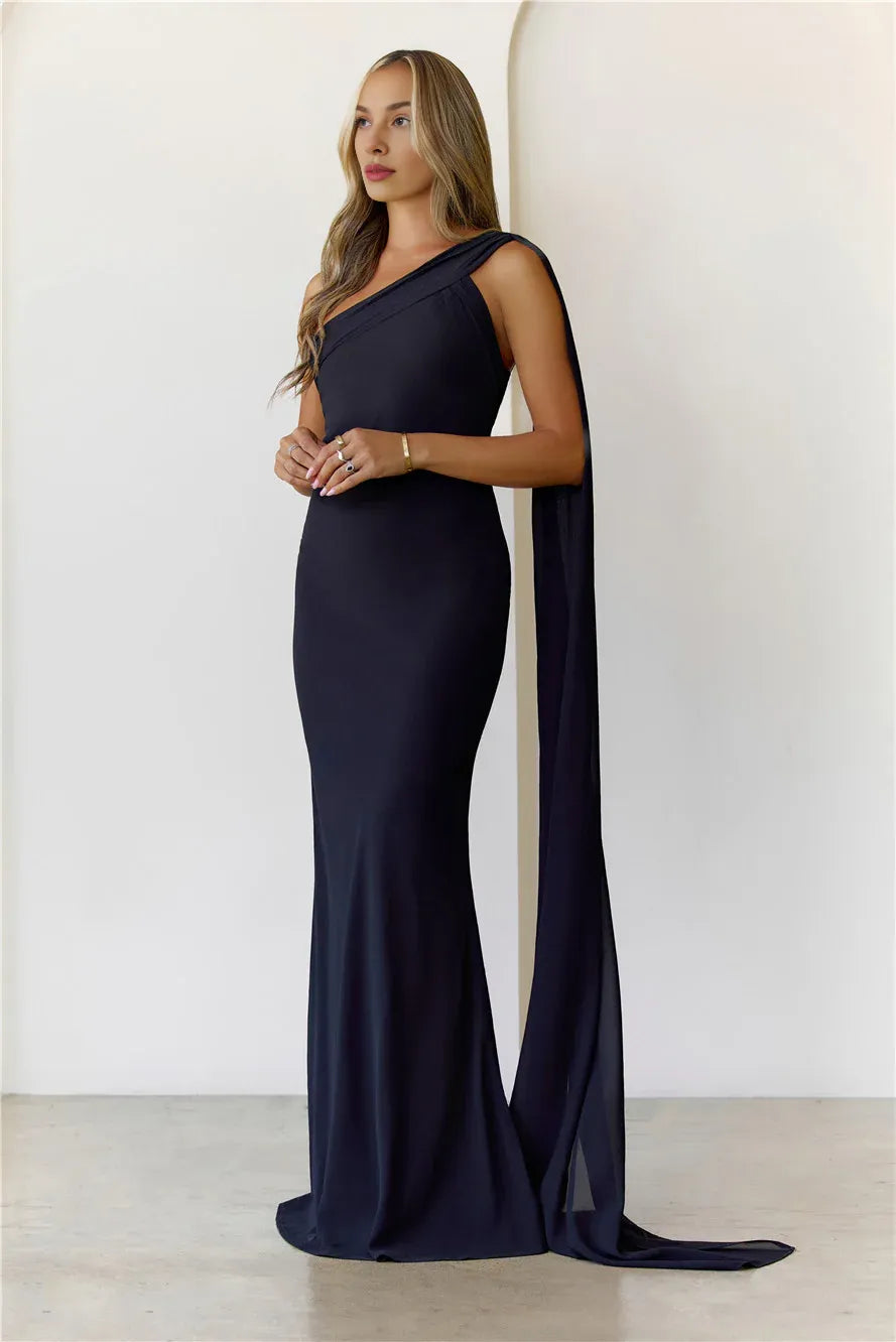 Budget Mermaid One-Shoulder Chiffon Black Maxi Prom Dress With Streamer Custom