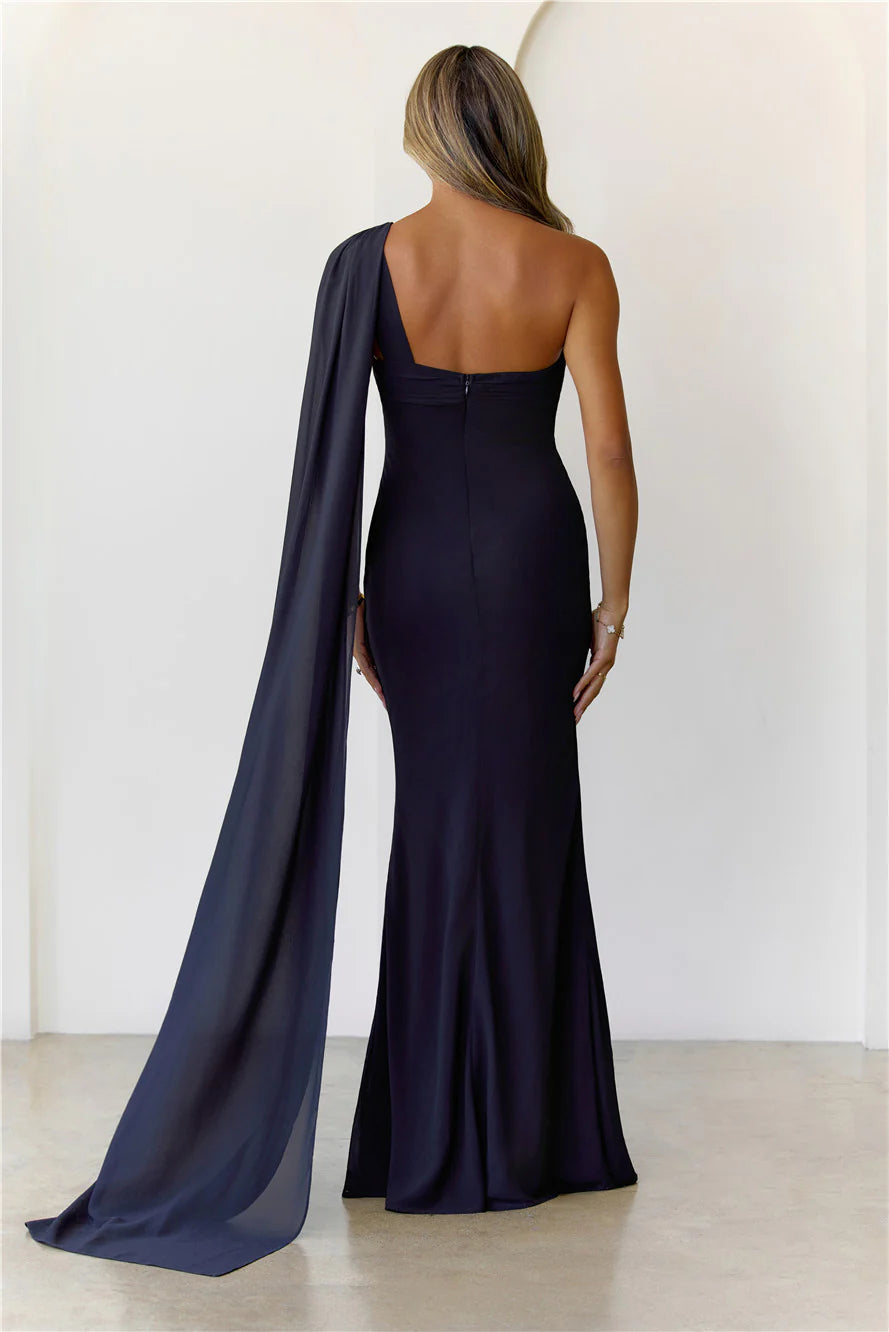 Budget Mermaid One-Shoulder Chiffon Black Maxi Prom Dress With Streamer Custom