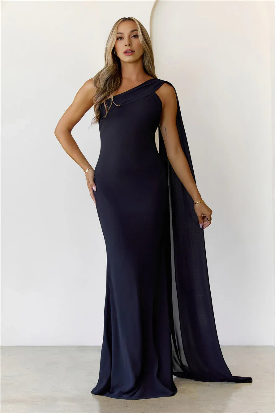Budget Mermaid One-Shoulder Chiffon Black Maxi Prom Dress With Streamer Custom