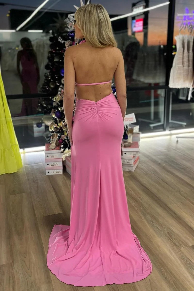 Budget Mermaid Pink Satin Halter Sleeveless Cut Out 3D Rosette Long Formal Prom Dress With Slit