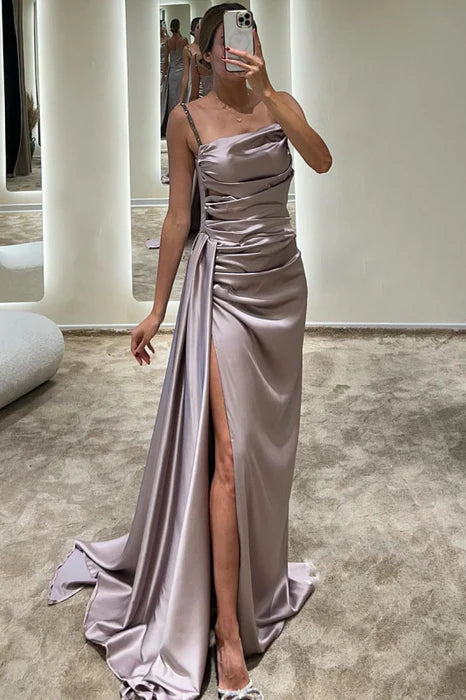 Budget Mermaid Royal Blue Spaghetti Strap Slimming Pleated Slit Prom Dress With Streamer