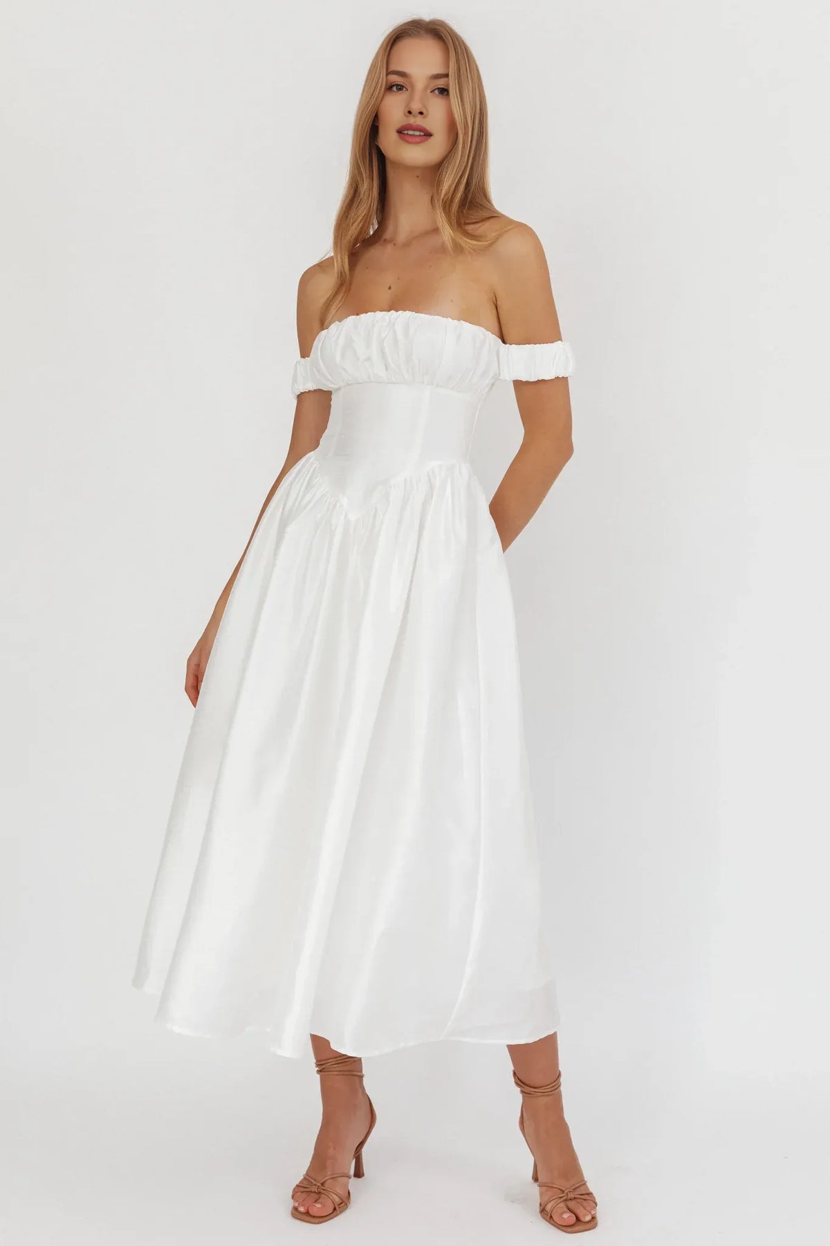 Ivory Basque Budget Off-Shoulder Basque Waist Ivory Midi Evening Dress For Women ...