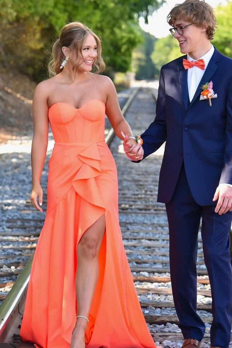 Budget Orange Satin Sweetheart Mermaid Bodycon Ruffle Slit Long Party Dress With Sweep Train