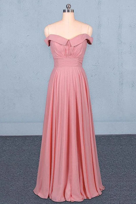Budget Pink Chiffon Strapless Pleated Floor Length Prom Simple A Line Bridesmaid Dress