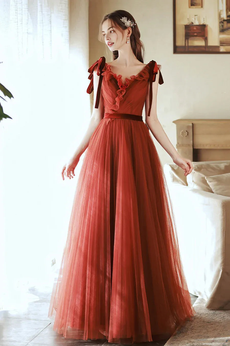 Budget Pretty A-Line V-Neck Pleated Tulle Rust Long Prom Dress Homecoming Dress