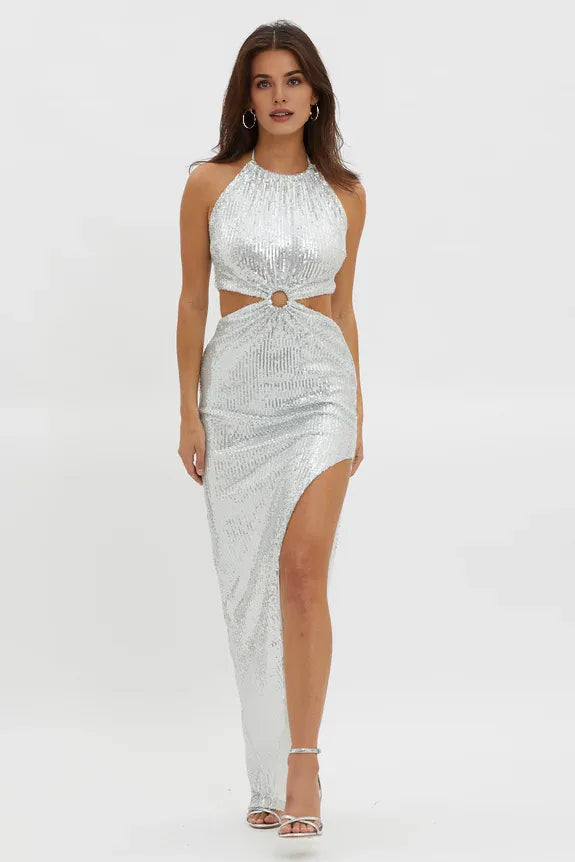 Budget Sexy Halter Neck Cutout Sequin Silver Floor Length Evening Dress