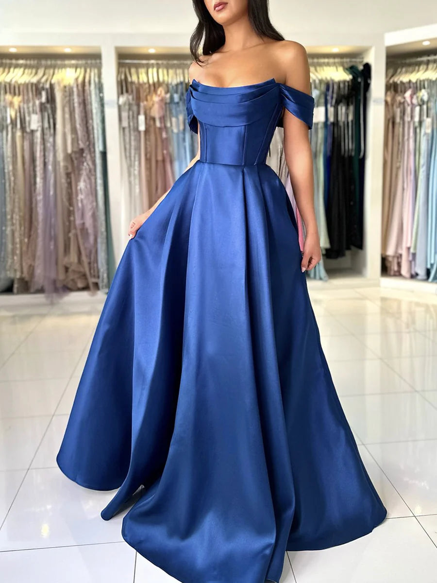 Budget Simple A-Line Pink Satin Pleated Long Prom Dress Off the Shoulder Floor Length Evening Party Dress