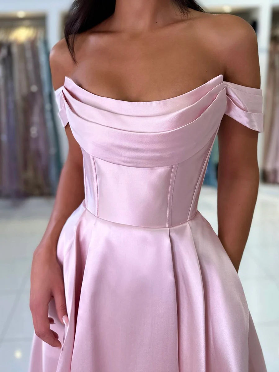 Budget Simple A-Line Pink Satin Pleated Long Prom Dress Off the Shoulder Floor Length Evening Party Dress