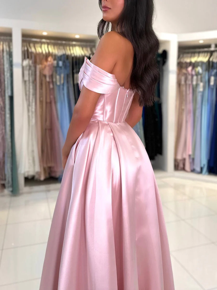 Budget Simple A-Line Pink Satin Pleated Long Prom Dress Off the Shoulder Floor Length Evening Party Dress