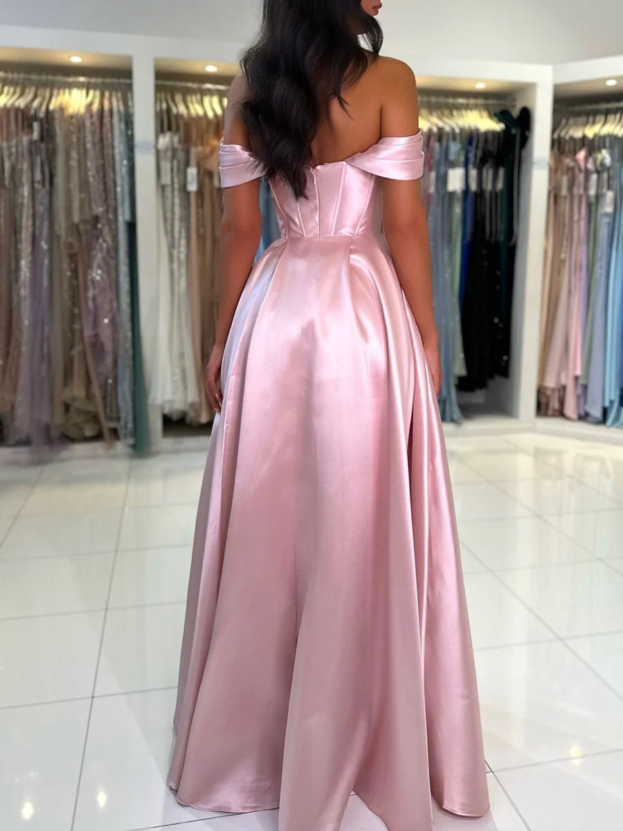 Budget Simple A-Line Pink Satin Pleated Long Prom Dress Off the Shoulder Floor Length Evening Party Dress