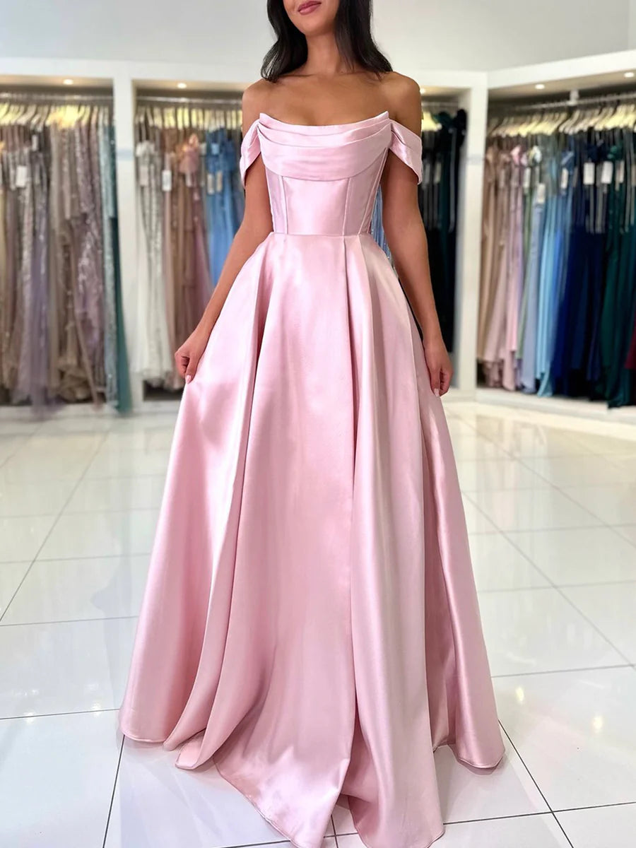 Budget Simple A-Line Pink Satin Pleated Long Prom Dress Off the Shoulder Floor Length Evening Party Dress