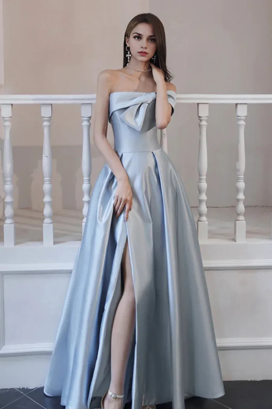 Budget Simple A-Line Satin Blue Long Prom Dress Evening Dress with Slit