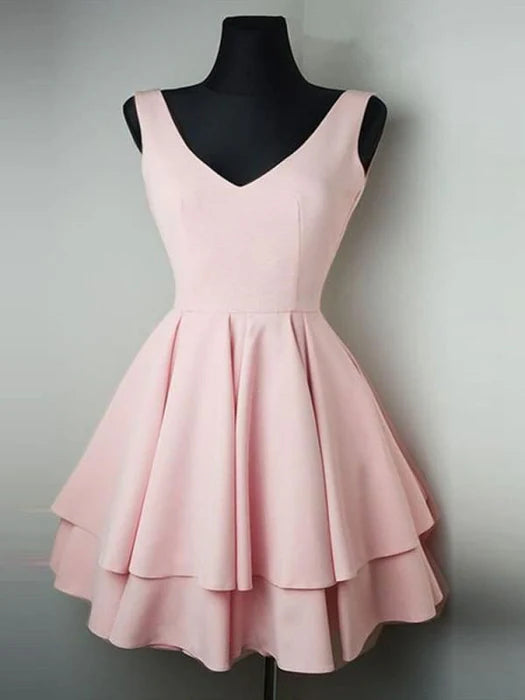 Budget Simple Pink V Neck Tiered Short Homecoming Dress A Line Short Prom Dress