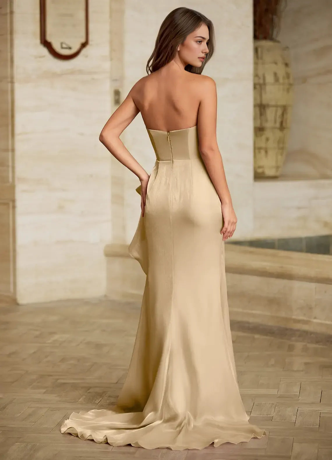 Budget Slim-fit Strapless Pleated Ruffle Champagne Prom Dress With Train