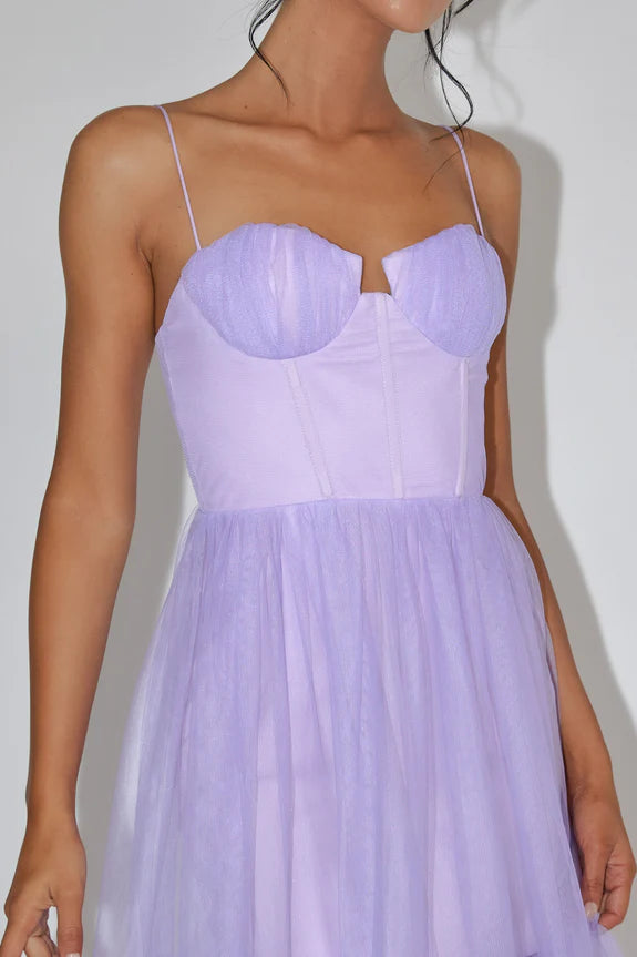 Budget Spaghetti Straps Corset Ruffle Mesh Lilac Midi Homecoming Dress