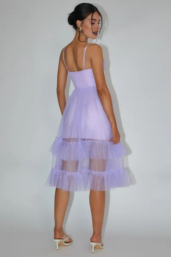 Budget Spaghetti Straps Corset Ruffle Mesh Lilac Midi Homecoming Dress