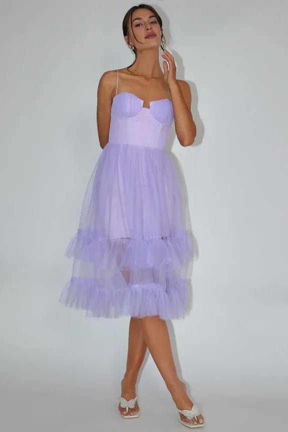Budget Spaghetti Straps Corset Ruffle Mesh Lilac Midi Homecoming Dress