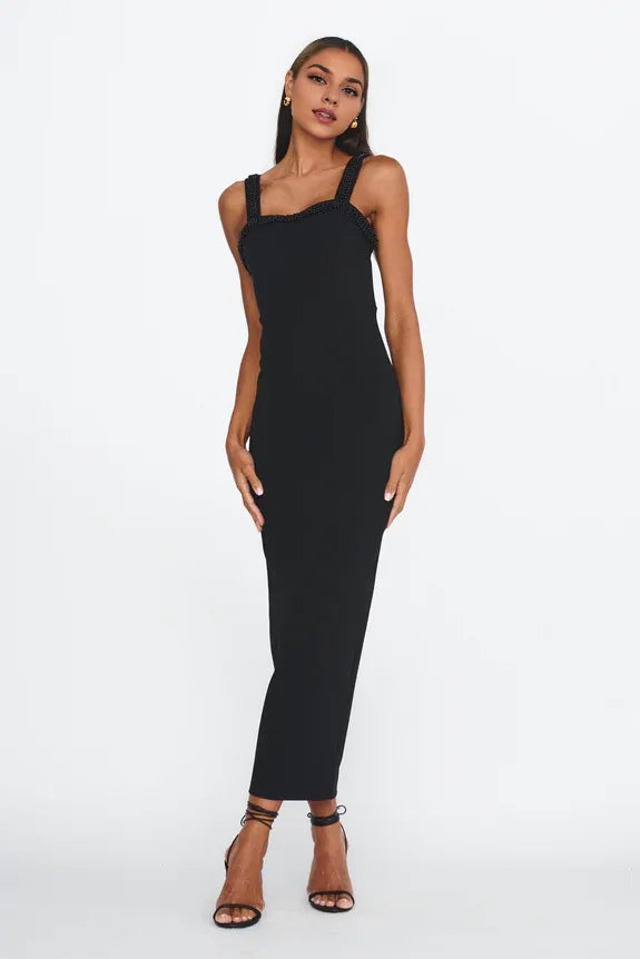 Budget Sweetheart Beaded Trim Black Maxi Evening Dress With Back Slit