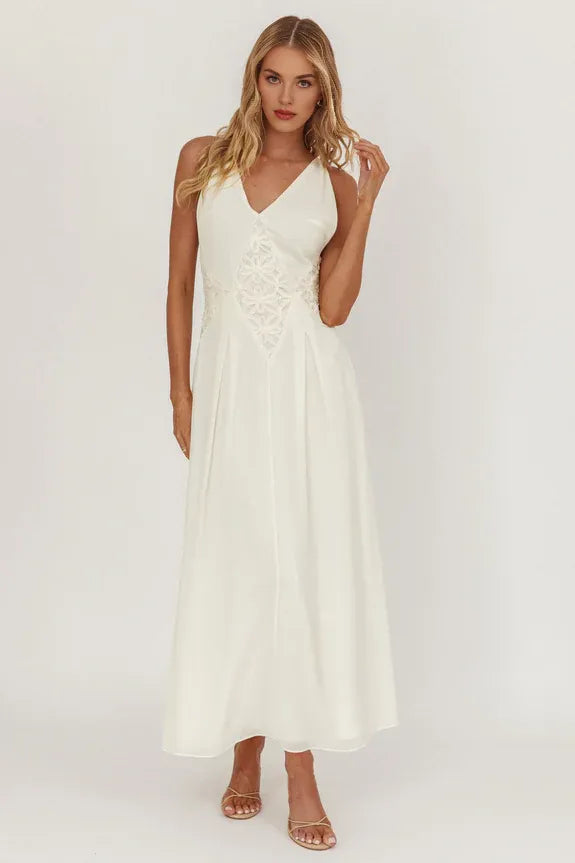 Budget V Neck Applique Insert Cream Maxi Evening Dress Hot Sale For Women