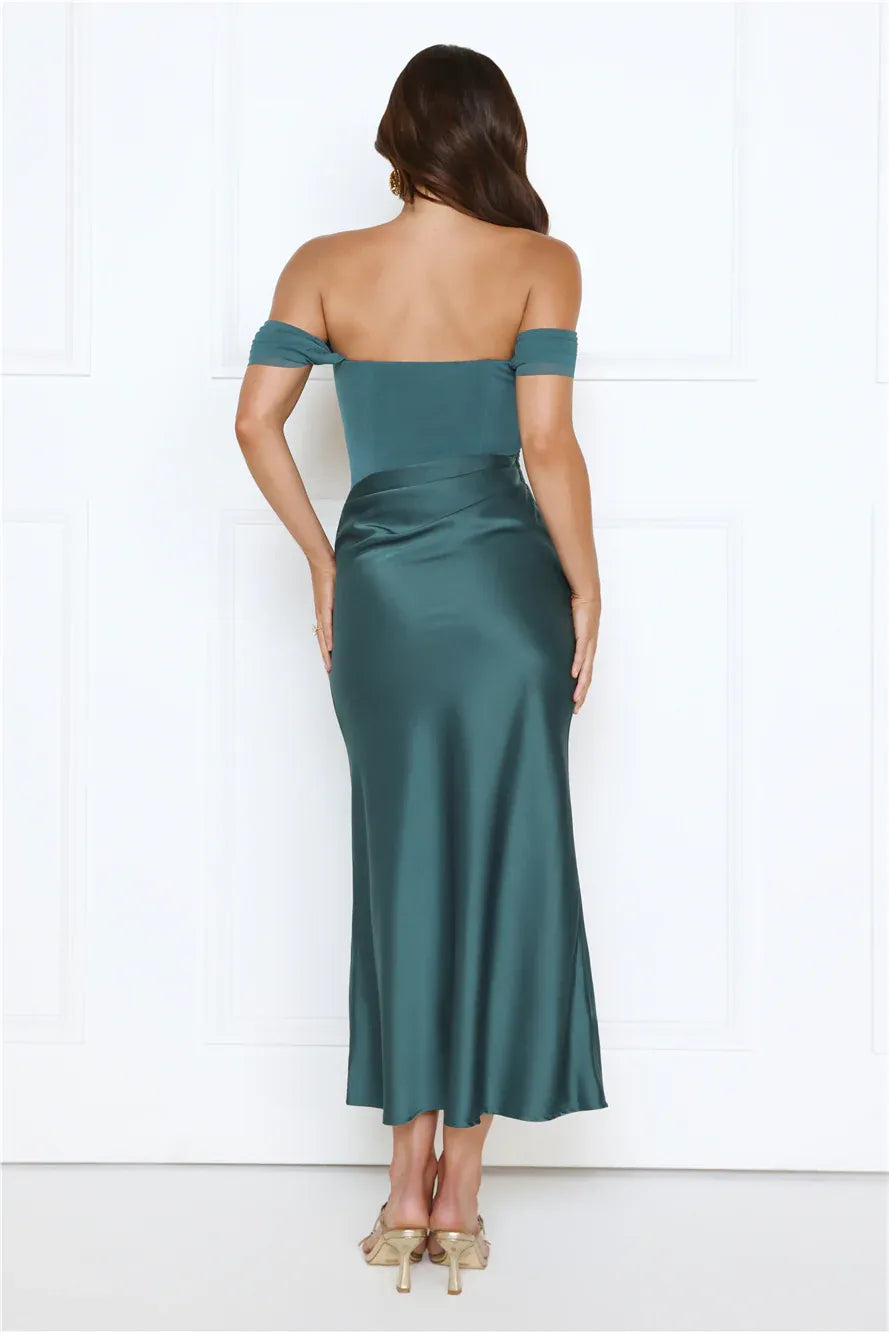Budget Sheath Off-Shoulder Ruched Cutout Waist Teal Midi Prom Dress For Women