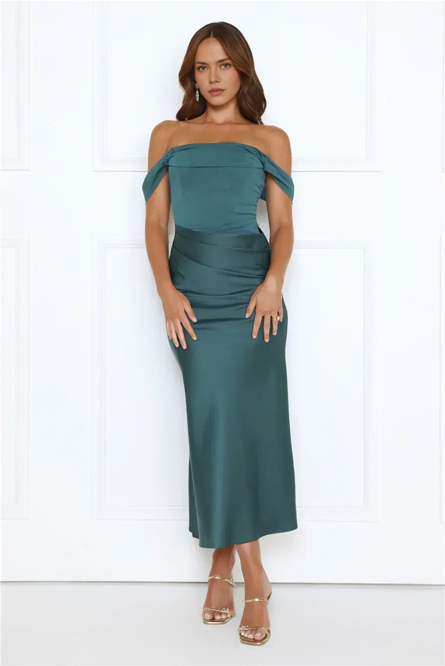 Budget Sheath Off-Shoulder Ruched Cutout Waist Teal Midi Prom Dress For Women