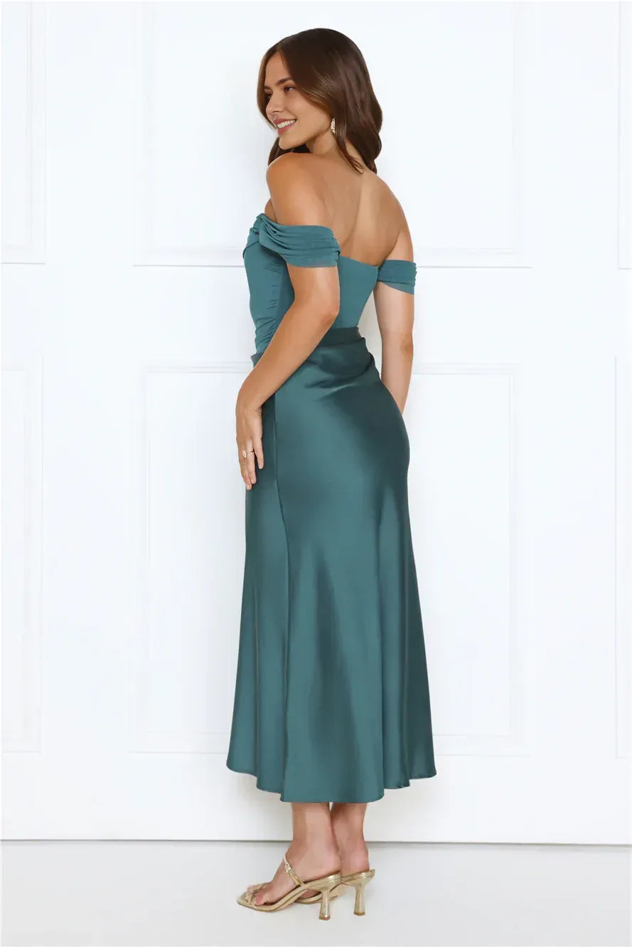Budget Sheath Off-Shoulder Ruched Cutout Waist Teal Midi Prom Dress For Women