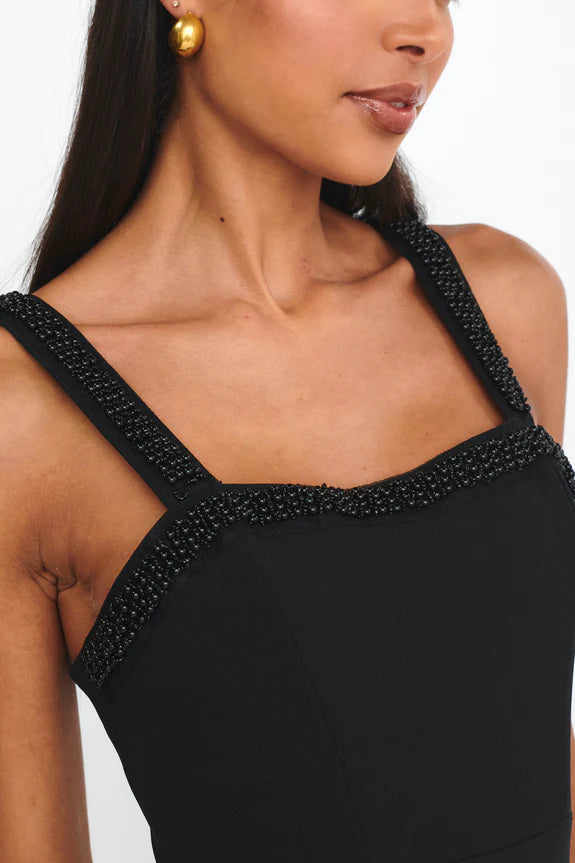 Budget Sweetheart Beaded Trim Black Maxi Evening Dress With Back Slit